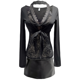 【偷偷藏不住】挂脖深V蕾丝假两件上衣/低腰圆弧pu皮迷你皮质裙裤