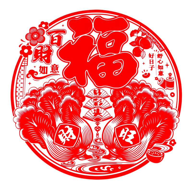 百财有余窗花福字白菜玻璃门窗贴画透明材料防晒防水自贴贴纸自粘