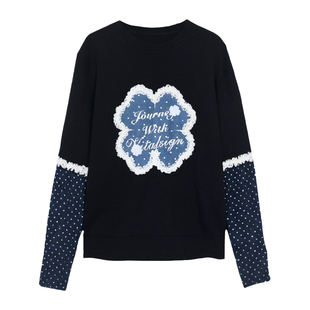 VitalSign四叶草蕾丝花边长袖女上衣拼接波点时尚百搭宽松韩版T恤