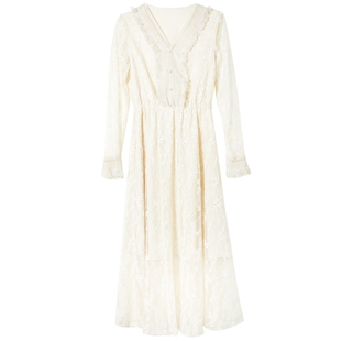 2023春秋新款镂空蕾丝连衣裙女中长款拼接很仙的仙女裙网纱裙子