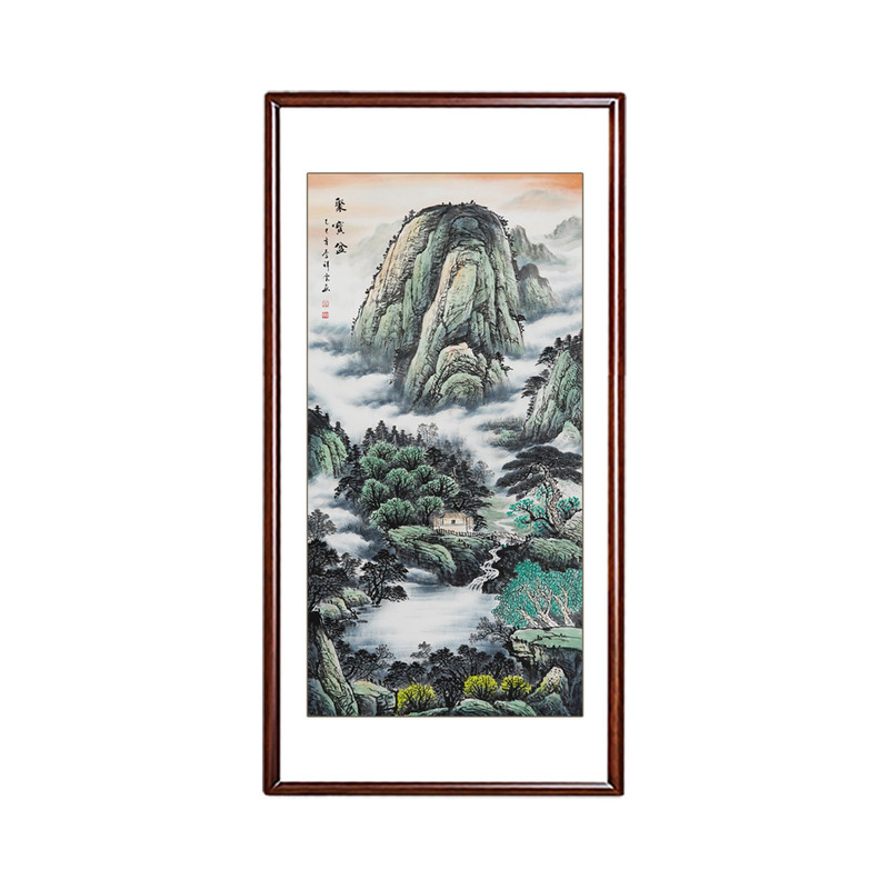 聚宝盆玄关画竖版山水画手绘中式国画靠山招财办公室字画风水挂画