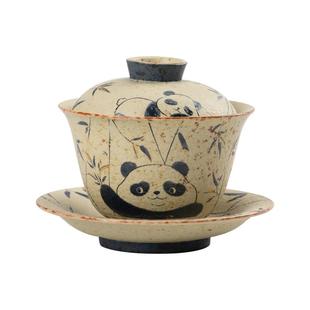 熊猫戏竹青花火石红三才盖碗功夫茶具茶杯家用复古陶瓷带盖泡茶碗