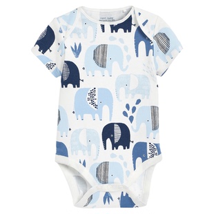 现货英国NEXT童装夏薄男宝宝蓝色小象印花纯棉短袖包屁衣婴儿哈衣
