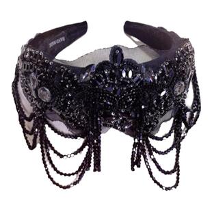 原创发饰黑色水晶串珠流苏发箍女高颅顶镶钻发卡宽边水钻头箍复古