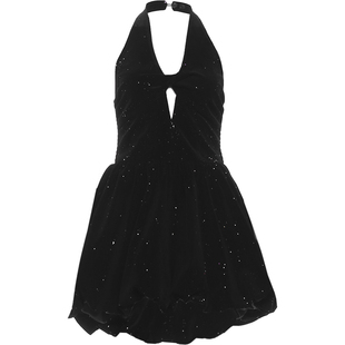 #Sisjuly#新春高级红丝绒细闪礼服 扭褶镂空蓬蓬花苞挂脖连衣裙女