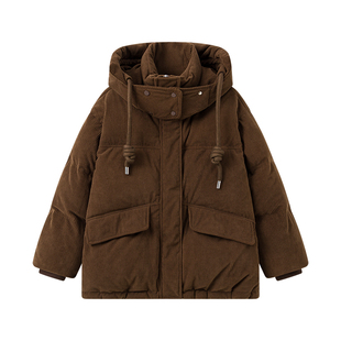 大嘎daga高端灯芯绒羽绒服女款2025新款咖色小个子短款连帽面包服