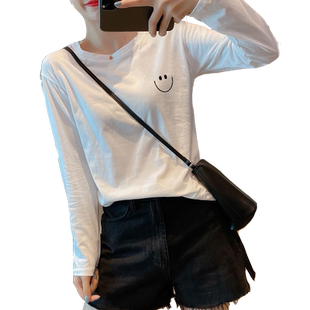 春秋新款纯棉女装长袖T恤女白色宽松纯棉打底衫早秋装内搭上衣