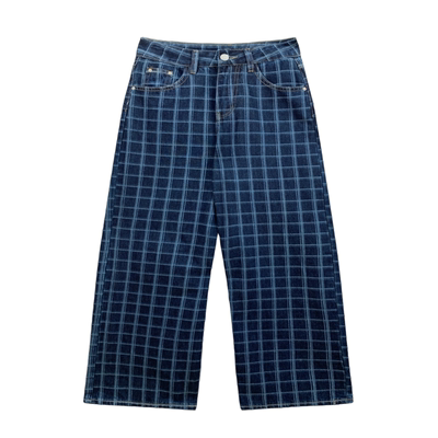 韩版宽松慵懒风休闲格子牛仔裤