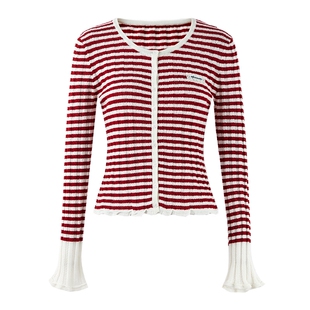 MISSCOCOON可可尼喇叭袖上衣女2026春季新款圆领条纹绵羊毛针织衫