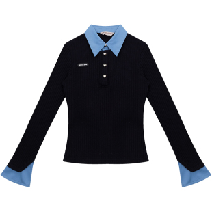 ziziFei秋冬季设计感深蓝色假两件上衣长袖T恤修身polo领针织衫女