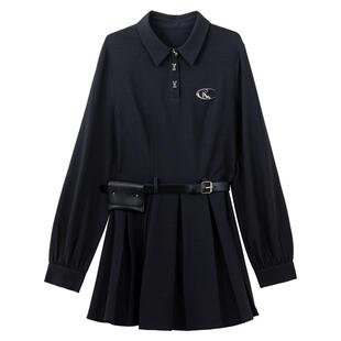 KEIKO 韩系学院polo领长袖连衣裙2026春季小个子系带收腰百褶短裙