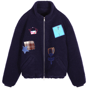 今屿花花独特漂亮的初冬外套加厚颗粒绒短外套保暖2025新款藏青色