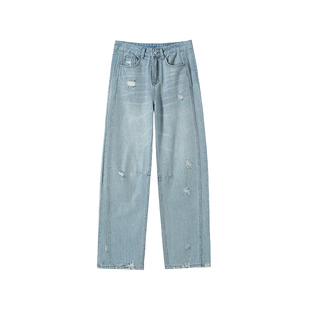 复古蓝破洞阔腿牛仔裤女夏季2026年新款高腰显瘦遮跨直筒弯刀裤子
