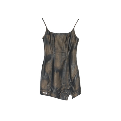 RuirUiruI深咖色机车风PU连衣裙冬复古解构修身吊带短裙