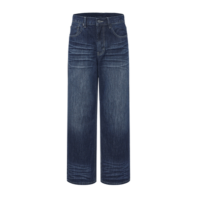 98SQUID 美式复古扎花水洗深蓝色牛仔裤男女宽松休闲阔腿垂感长裤