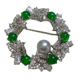 《绿忆成荫》真多麻海水珍珠胸针气质绿色花环气质胸花配大衣礼物