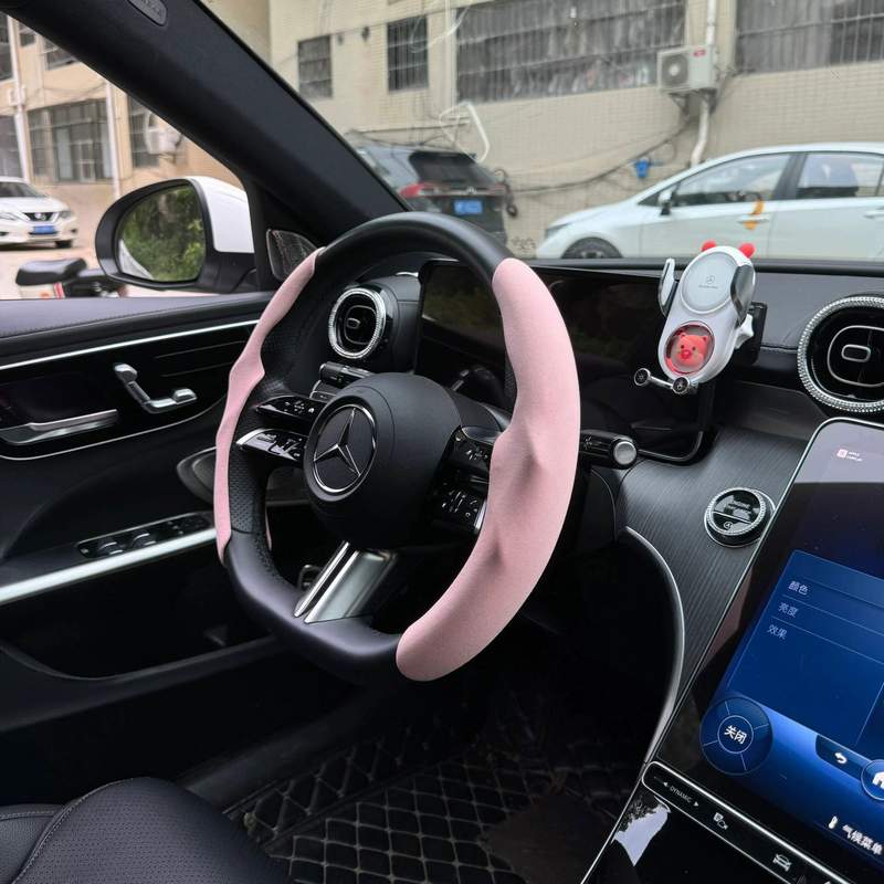 粉色汽车方向盘宾士BMW防滑套吸汗透气超薄方向盘D型把套卡套INS