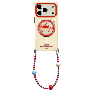 卡通红咖啡杯磁吸旋转支架手机壳背带斜挎苹果17promax手提斜挎可背苹果16pro防摔硬壳华为mate60pro四角开孔