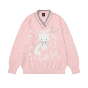 文文不乖原创 可爱天使小猫V领马海毛针织衫毛衣女秋季软糯水貂绒