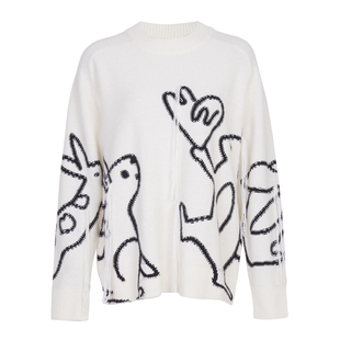 婉甸米白底黑兔提花毛织套头衫流苏毛衣1234W56XS6