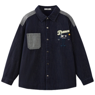 MQD童装男童翻领牛仔衬衫2025冬季新款儿童拼接长袖绣花宽松外套