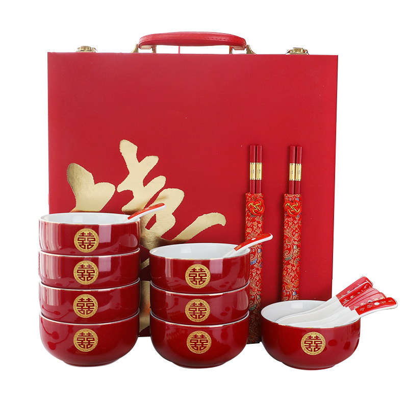 结婚喜碗敬茶杯套装女方陪嫁用品