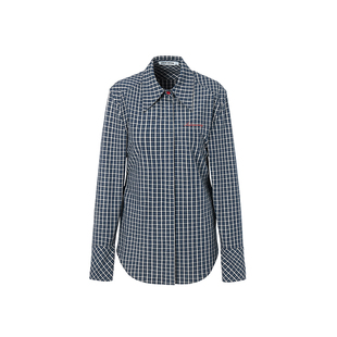 LEDIM WANG绑带收腰衬衫女2026春新款藏青色格纹撞色修身长袖上衣