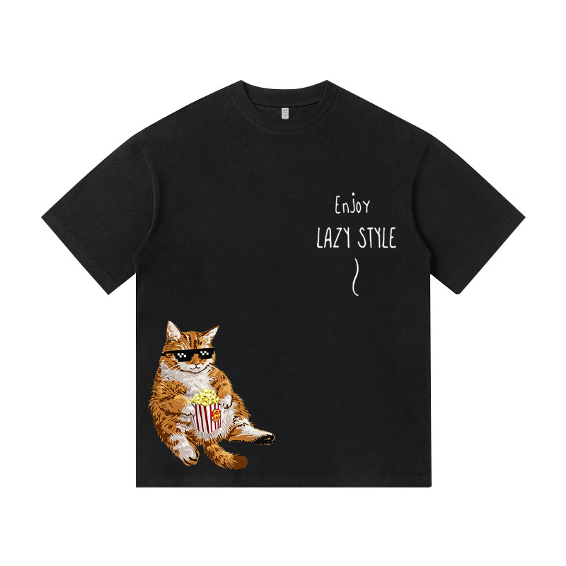 像素墨镜猫猫T恤衫爆米花慵懒创意印花休闲重磅纯棉男装短袖衣服