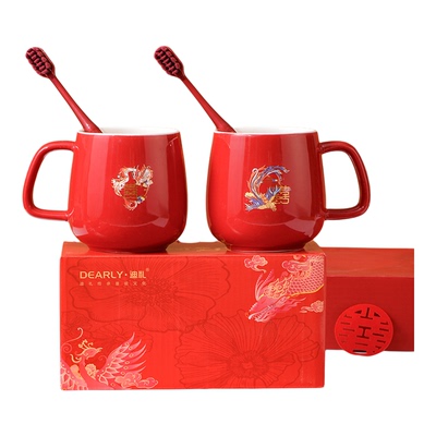 结婚陶瓷洗漱杯一对红色漱口杯