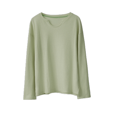 春秋初秋上衣女华夫格果绿色内搭外穿水滴领款长袖T恤宽松打底衫