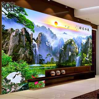 电视背景墙纸3D壁纸5D立体山水风景画中式客厅沙发装饰壁画8D墙布