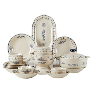 日式釉下彩陶瓷碗餐具套装碗碟套装家用2025新款高颜值碗具碗家用