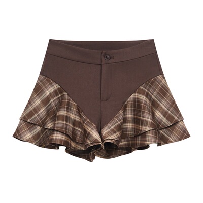 复古格纹咖色拼接蛋糕裙摆半裙