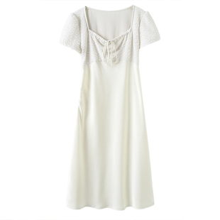 HeyDress方领连衣裙女夏季拼接设计感高级缎面白色气质度假风裙子