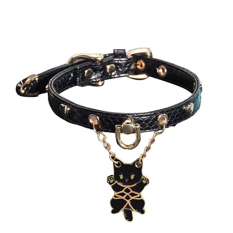 暗黑小猫吊坠蛇纹皮质爱心choker