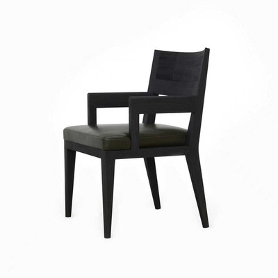 设计师老钱风真皮实木餐椅扶手椅