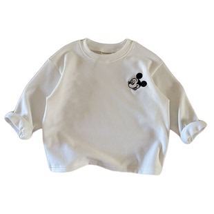 儿童德绒长袖打底衫2025秋冬新款刺绣米奇男女童条纹T恤卡通上衣