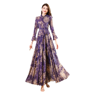 长袖连衣裙女2025新款高级感时尚雪纺印花修身显瘦大摆长裙到脚踝