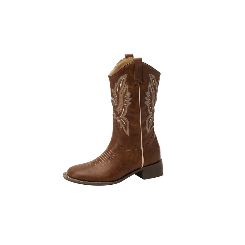 牛皮版~复古刺绣西部牛仔靴女中筒粗跟美拉德风骑士靴显瘦百搭