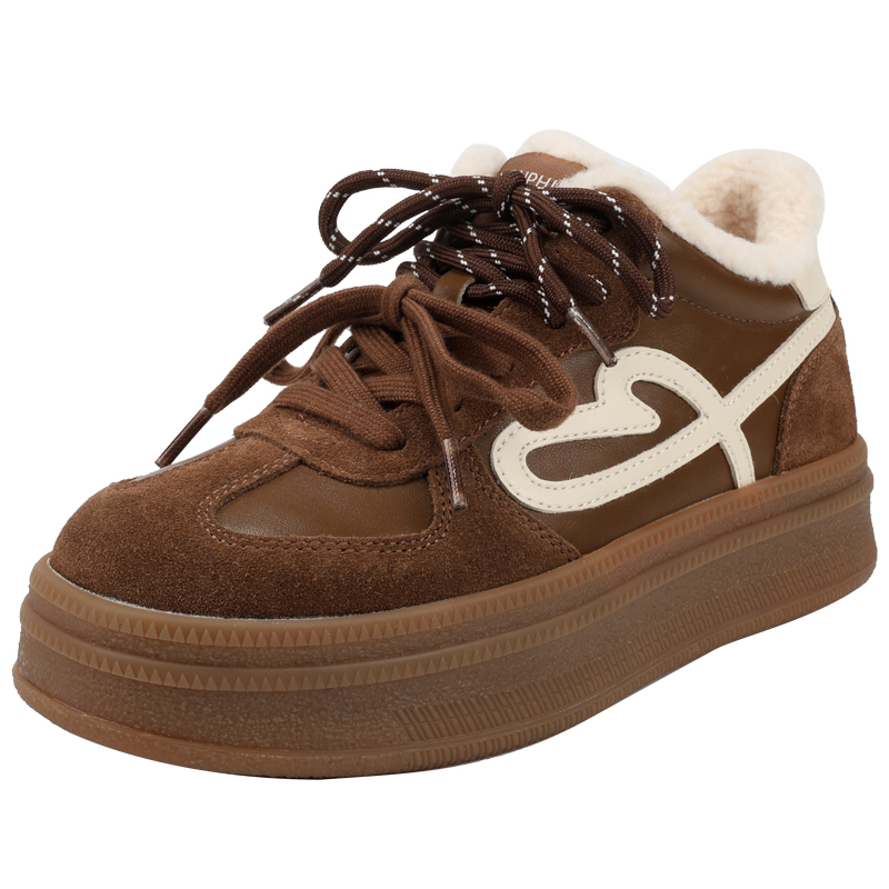 红粉知己厚底毛毛德训鞋女2025冬新款高帮板鞋保暖加绒休闲松糕鞋