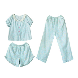 冰蓝碎花·Fishhome原创花边领纯棉纱布长袖长裤睡衣家居服2025秋