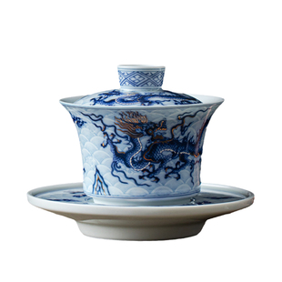 金银错青花龙纹盖碗|复古青花瓷悬停泡茶碗中式家用陶瓷功夫茶具