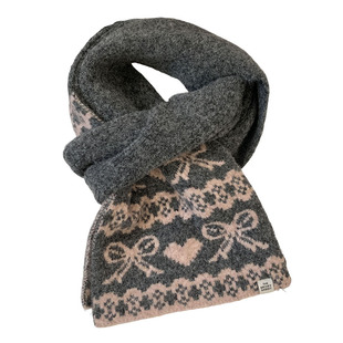 费尔岛风提花毛线针织灰粉色围巾女冬季加厚保暖防寒护颈围脖可爱