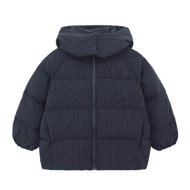 派町童装男童羽绒服2025新款大童儿童竖条纹连帽保暖外套秋冬装男