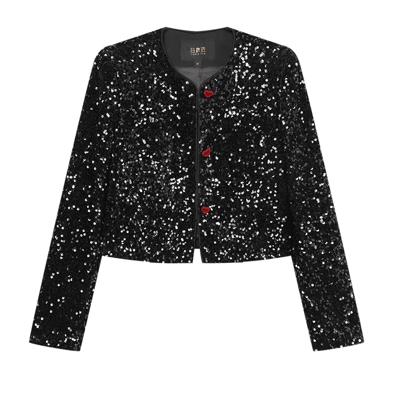 白鹿语小香名媛风亮片短外套春秋款优雅圆领长袖上衣短外套女