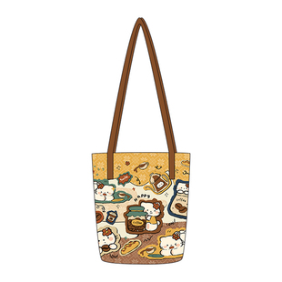 尼睿x劈叉的熊熊 原创可爱拼接猫猫咖啡单肩帆布包百搭休闲布袋