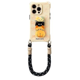 适用于苹果17PRO手机壳挂绳斜挎pura80ULTRA卡通猫咪折叠支架16/15/14PM手提腕带MAGIC7PRO保护壳mate70PRO