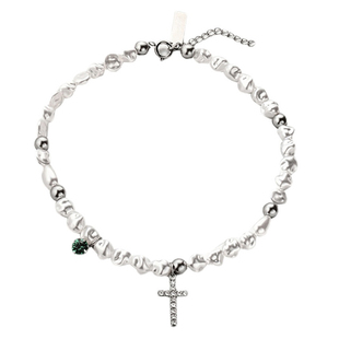 PDSTYLE不规则Clavicle Necklace珍珠项链男女镶钻绿宝石十字架潮