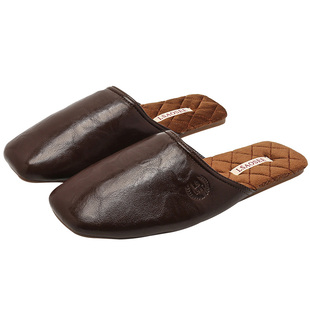 秋季薄绒轻奢复古亮皮防水PU皮棉拖鞋女防滑牛筋底轻便家用居家男