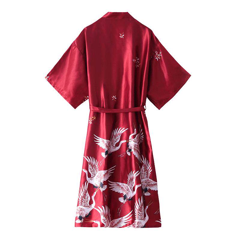 结婚晨袍女新娘伴娘仙鹤中长款拍照闺蜜团仿真丝睡衣婚礼睡袍女夏